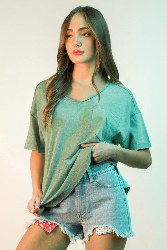 Abby Mineral Washed V-neck Knit Top TwillWeave Wrinkle Free Weave