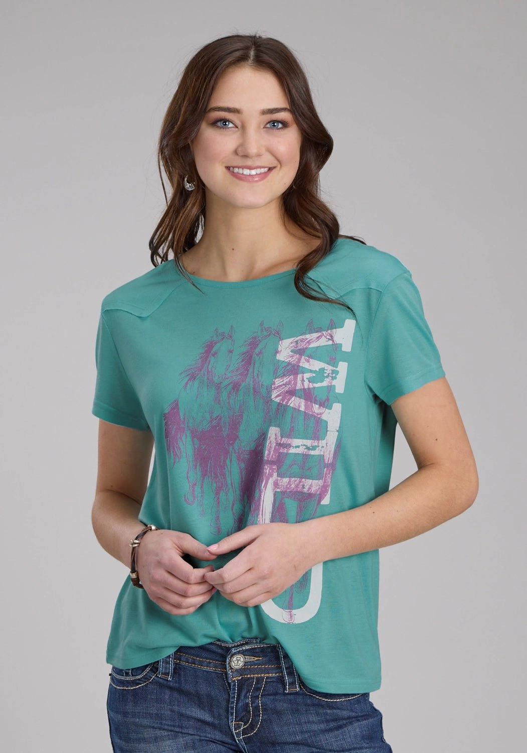 Reinforced Collar Comfortable Fabric Roper Womens Wild Horses Turquoise Poly/Rayon Yoked S/S T-Shirt