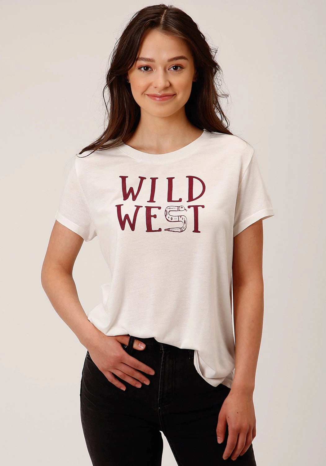 slim fit Roper Womens Wild West Ivory Poly/Rayon S/S T-Shirt
