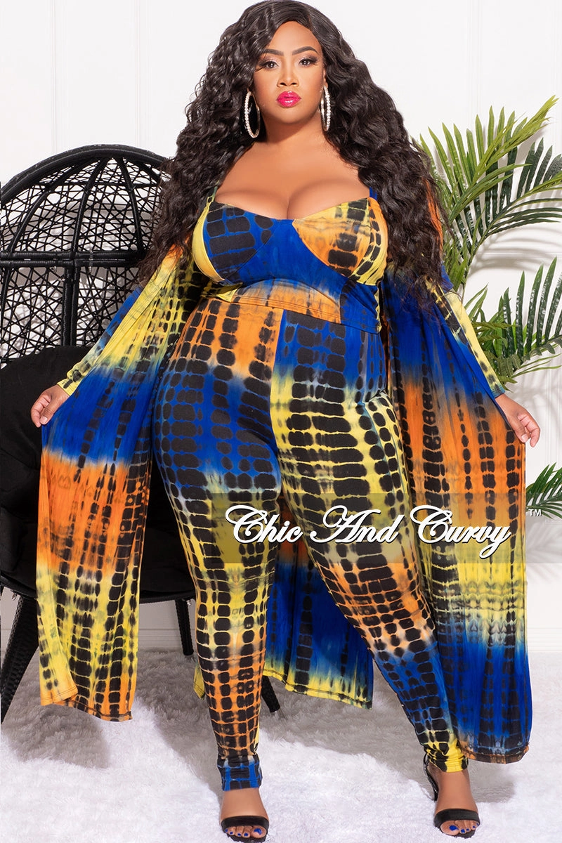 Breath Flex Final Sale Plus Size 3pc Set (Cardigan Crop Top and Legging) in Royal Blue Orange Yellow and Black Tie Dye Print