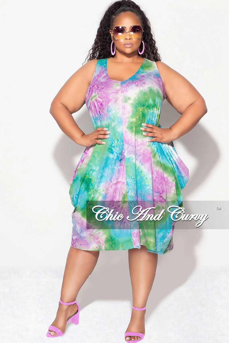 ComfortWaistband SmoothZipper Final Sale Plus Size Sleeveless Bubble Dress in Green Blue and Purple Tie Dye