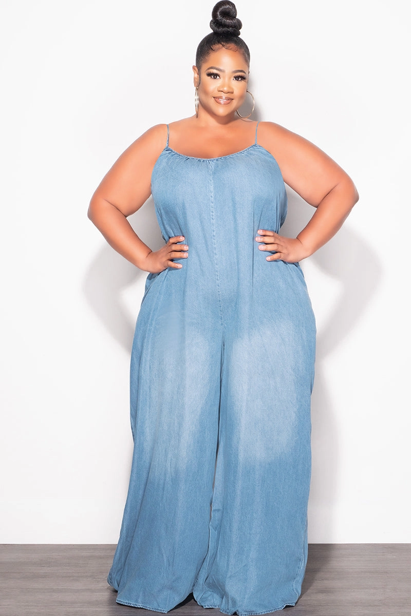 HypoallergenicMaterial Final Sale Plus Size Sleeveless Chambray Jumpsuit in Denim Color
