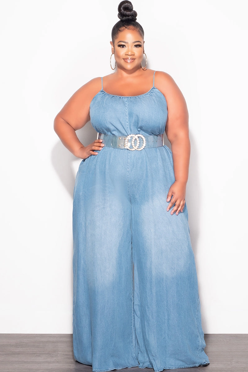 Final Sale Plus Size Sleeveless Chambray Jumpsuit in Denim Color Sleek Waist Work Flex