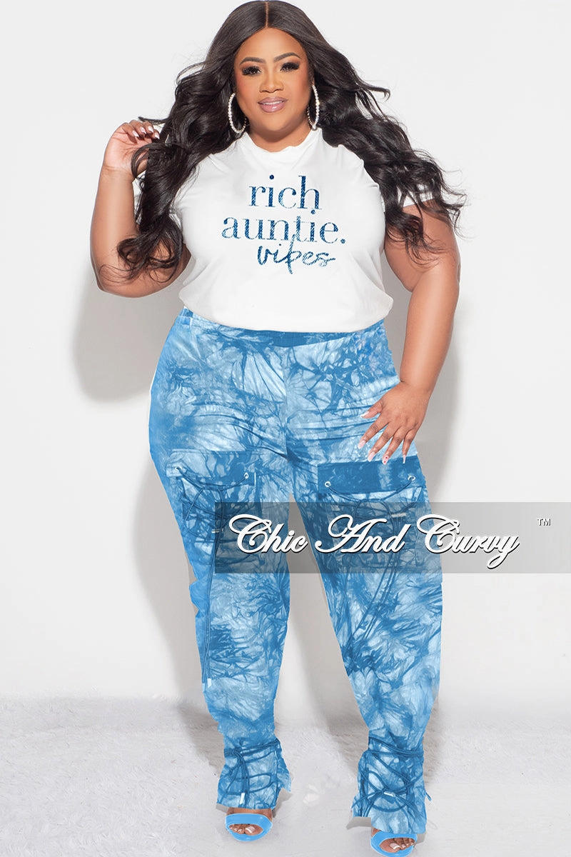 Final Sale Plus Size Sleeveless "Rich Auntie" Graphic Top in White & Blue Print Day To Night Urban Style