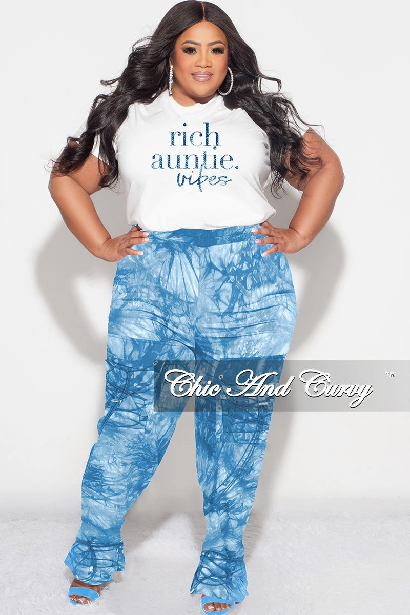 Final Sale Plus Size Sleeveless "Rich Auntie" Graphic Top in White & Blue Print Stylish Cut Trendy Cut