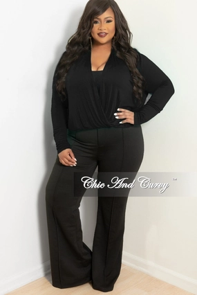 Final Sale Plus Size Long Sleeve Top w/ Twist Front in Black Organic Cotton Blend Mid-rise fit