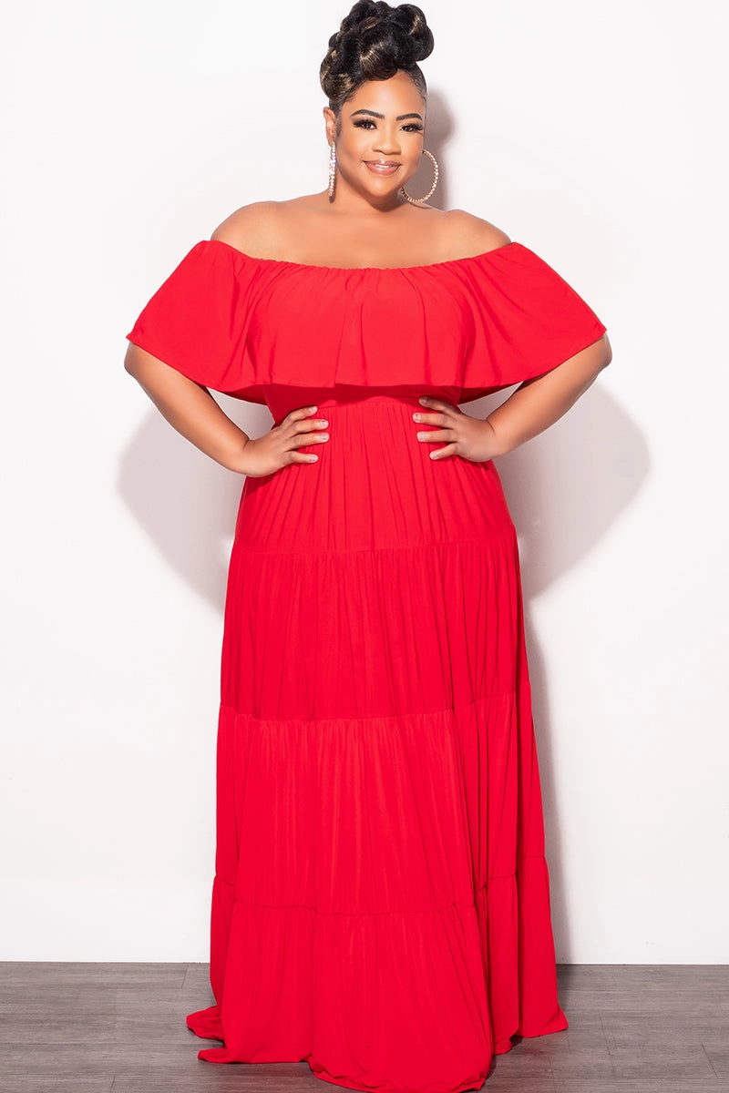 Easy Fit Wind Resistance Final Sale Plus Size Off The Shoulder Tiered Maxi Dress in Red