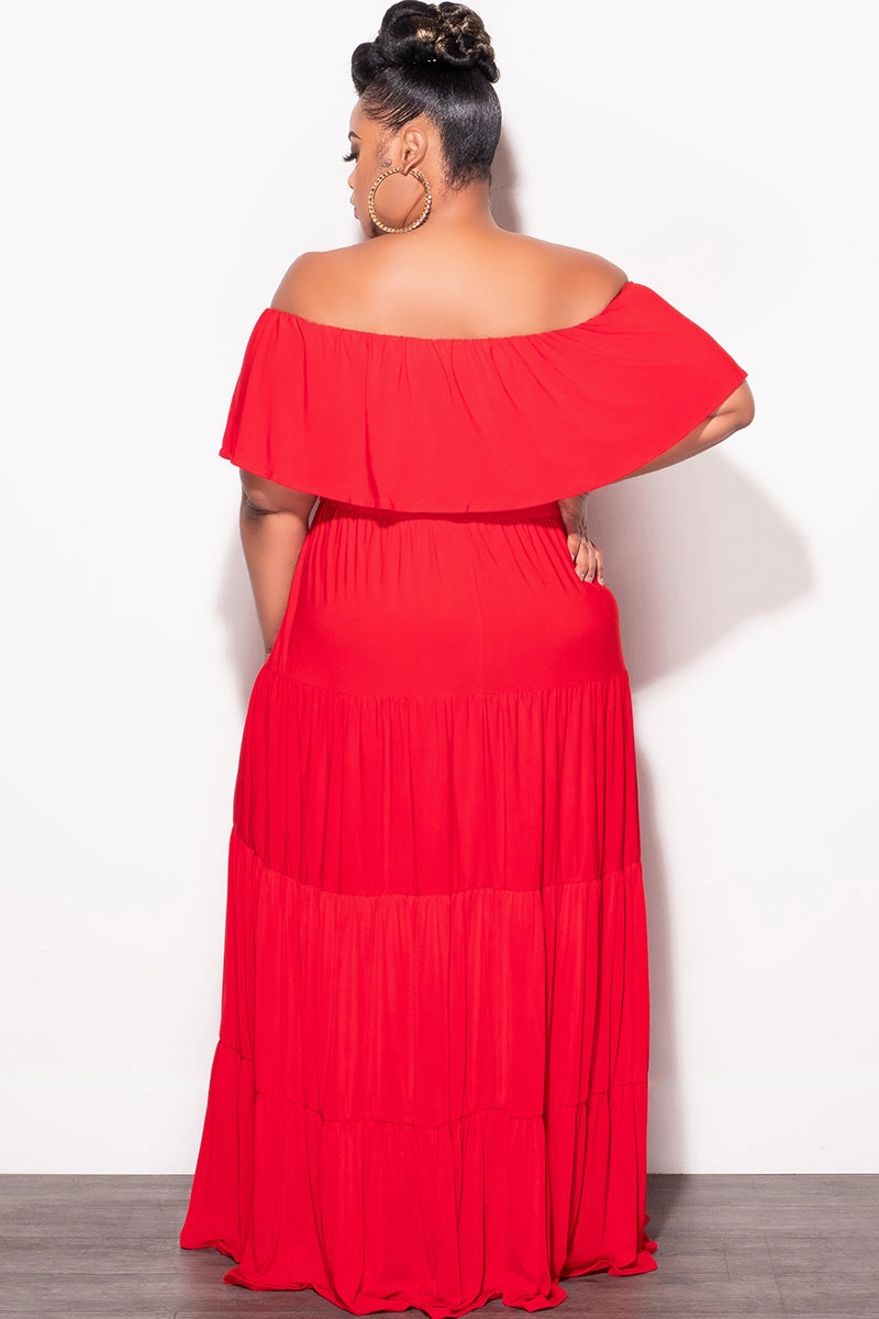 Final Sale Plus Size Off The Shoulder Tiered Maxi Dress in Red Flared bottom