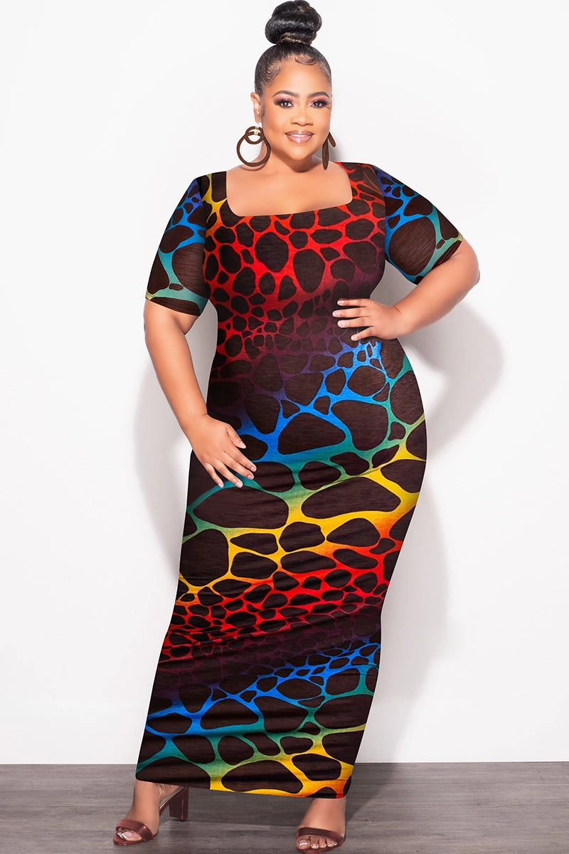 Compression Support Lining Final Sale Plus Size BodyCon Dress in Brown Background & Multi-Color Giraffe Print