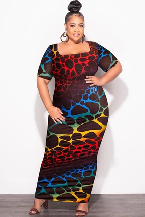 Compression Support Lining Final Sale Plus Size BodyCon Dress in Brown Background & Multi-Color Giraffe Print