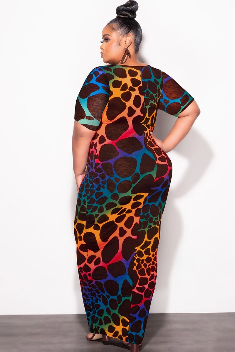 Final Sale Plus Size BodyCon Dress in Brown Background & Multi-Color Giraffe Print Breathable Comfort Design Core Ease