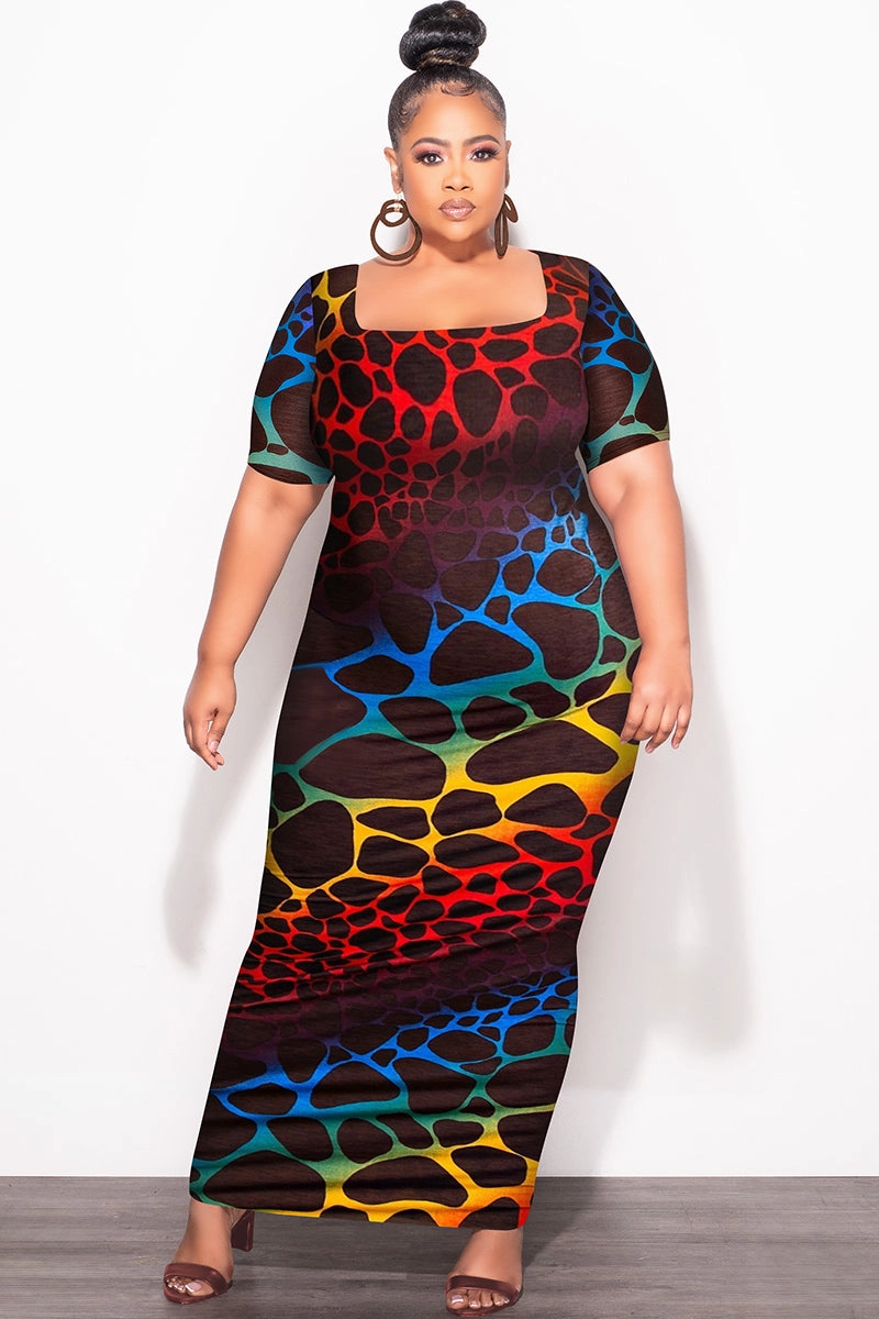Final Sale Plus Size BodyCon Dress in Brown Background & Multi-Color Giraffe Print Corduroy texture HypoallergenicFabric