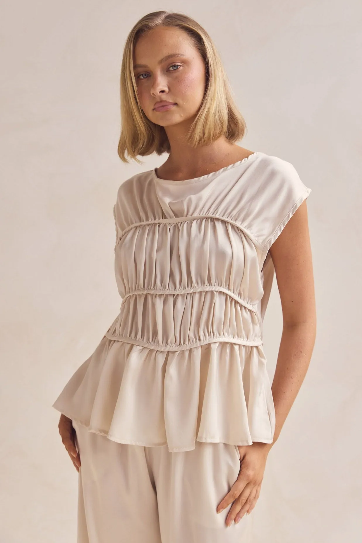 Talia Top (Champagne) High Neckline Reinforced Shoulders