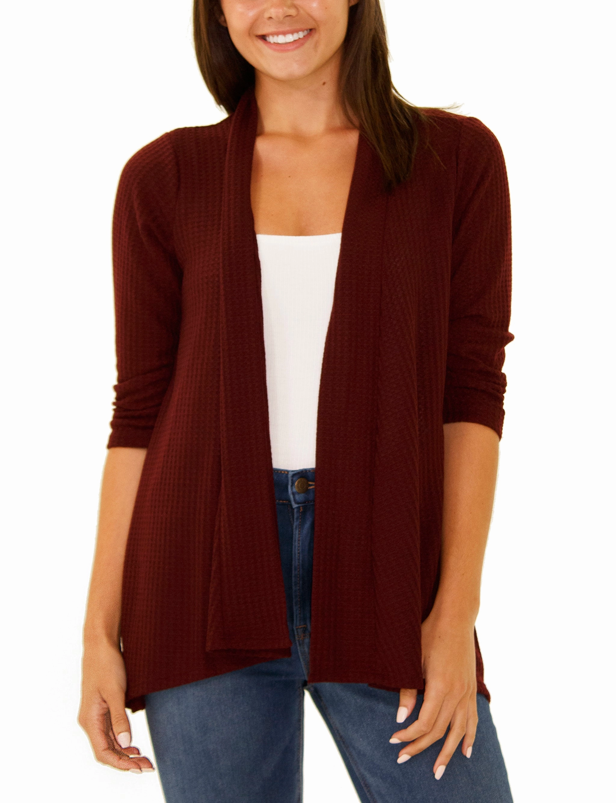 Shape Retention Fabric Petite 3/4 Sleeve Open Front Waffle Weave Cardigan