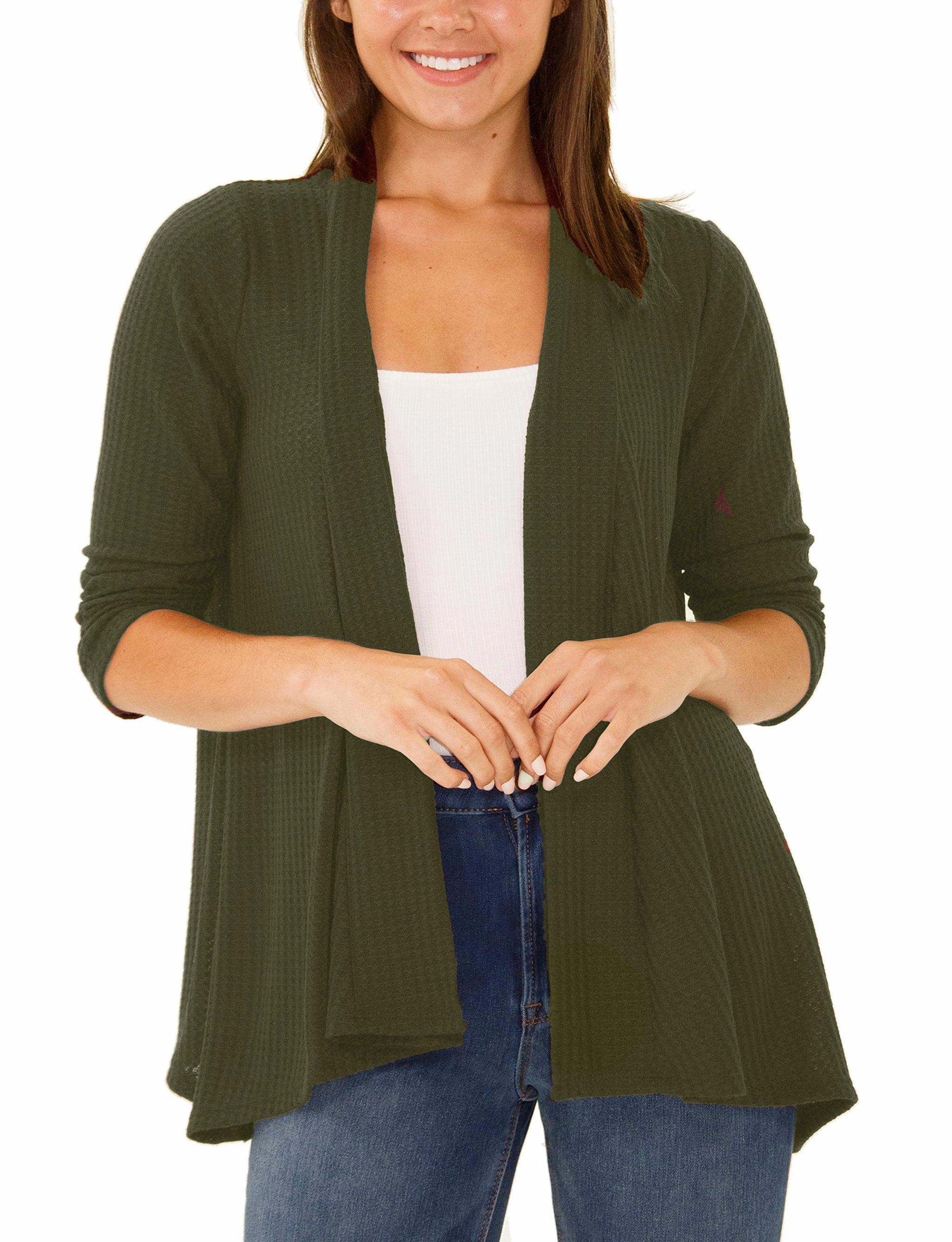 Double Stitched Seams SolarReflectiveFinish Petite 3/4 Sleeve Open Front Waffle Weave Cardigan