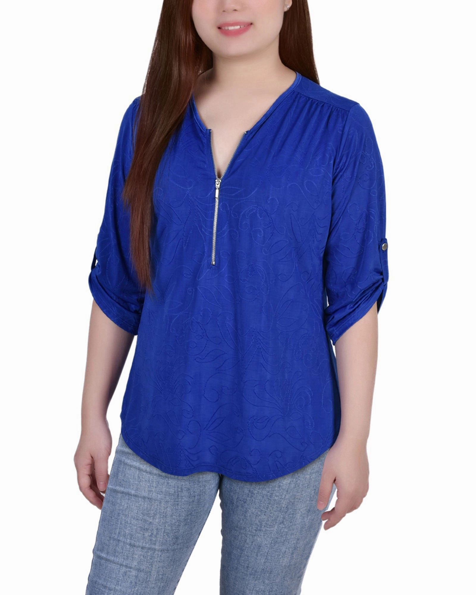 3/4 Roll Tab Zip Front Jacquard Knit Top Breathable Construction