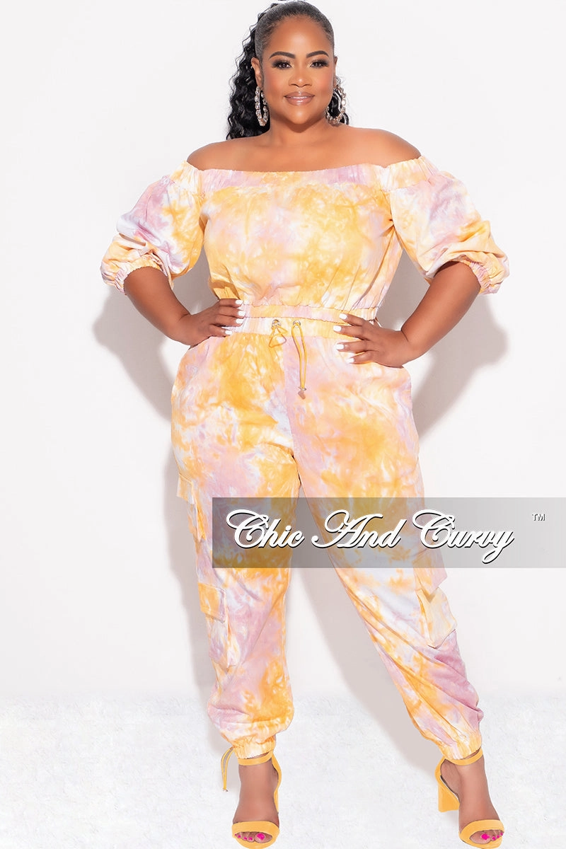 Final Sale Plus Size 2pc Off the Shoulder Crop Top & Cargo Pants in Pink & Orange Sleek Cut TaglessComfort