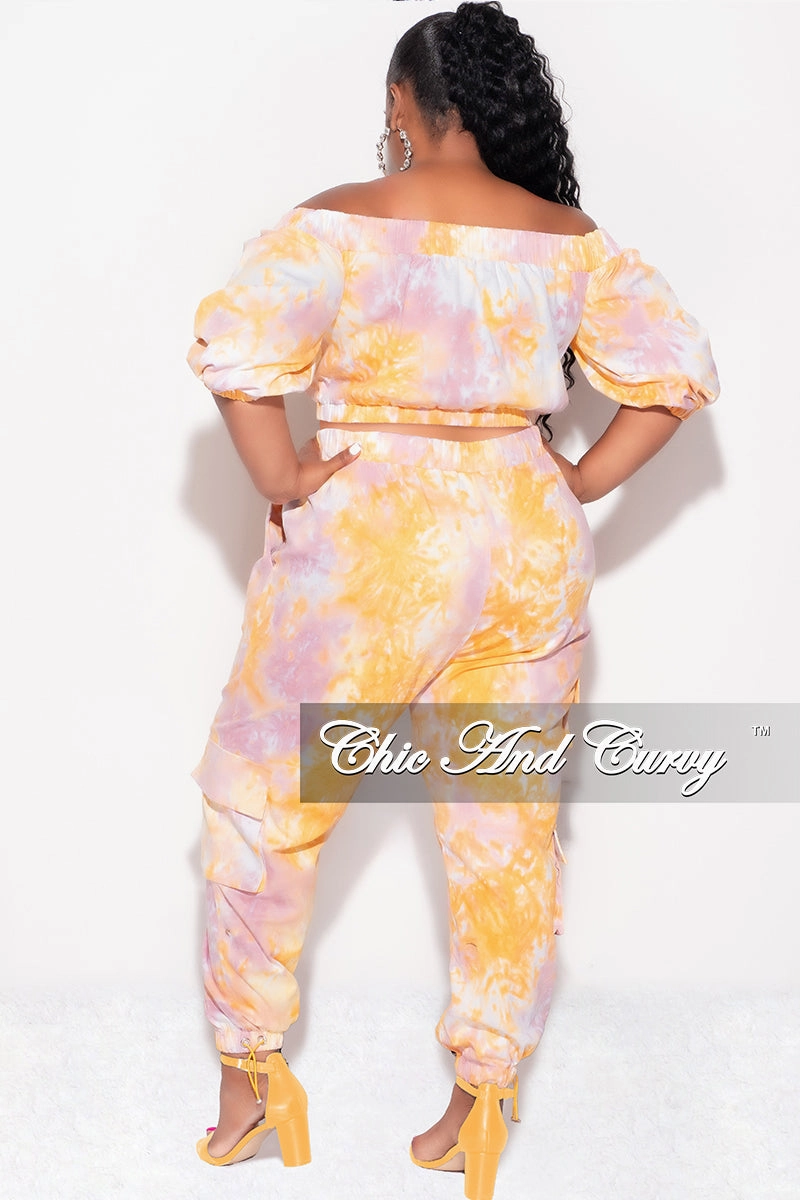 Final Sale Plus Size 2pc Off the Shoulder Crop Top & Cargo Pants in Pink & Orange Tight Cut Light Coverage