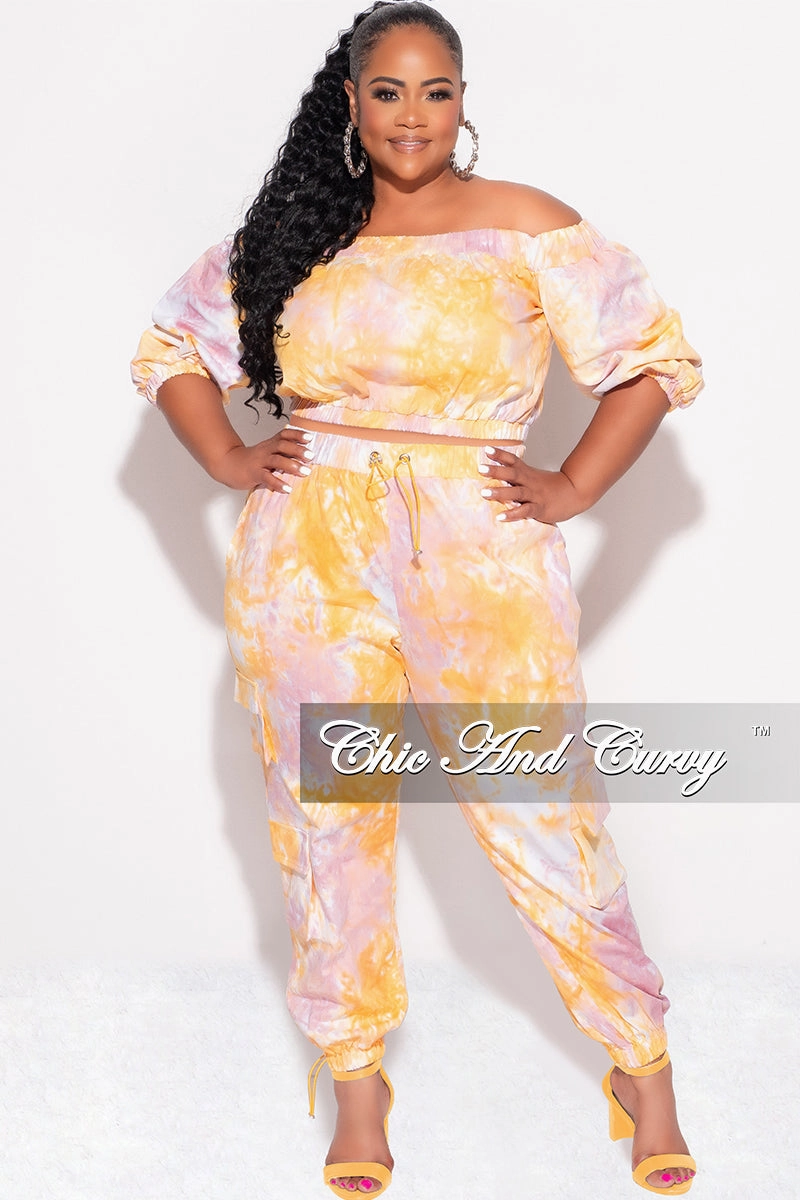 Chilly Day Comfort Final Sale Plus Size 2pc Off the Shoulder Crop Top & Cargo Pants in Pink & Orange