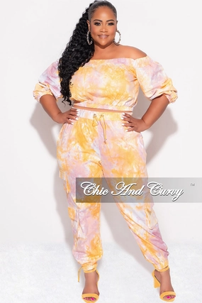 ReinforcedHemline Final Sale Plus Size 2pc Off the Shoulder Crop Top & Cargo Pants in Pink & Orange