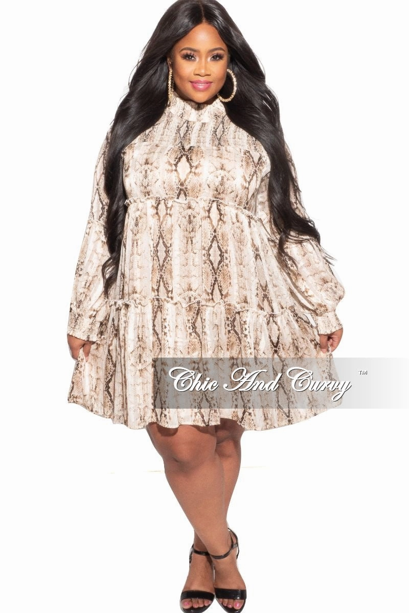 Final Sale Plus Size Mock Neck Ruffle Layer Babydoll Dress in Brown Snake Chiffon Flexible Waist