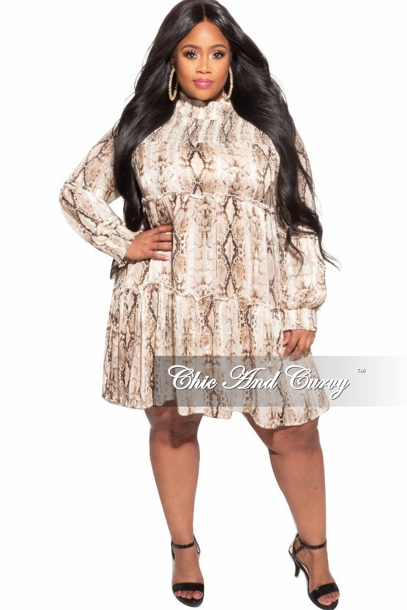 Final Sale Plus Size Mock Neck Ruffle Layer Babydoll Dress in Brown Snake Chiffon Classy Fit Bi Stretch Fabric