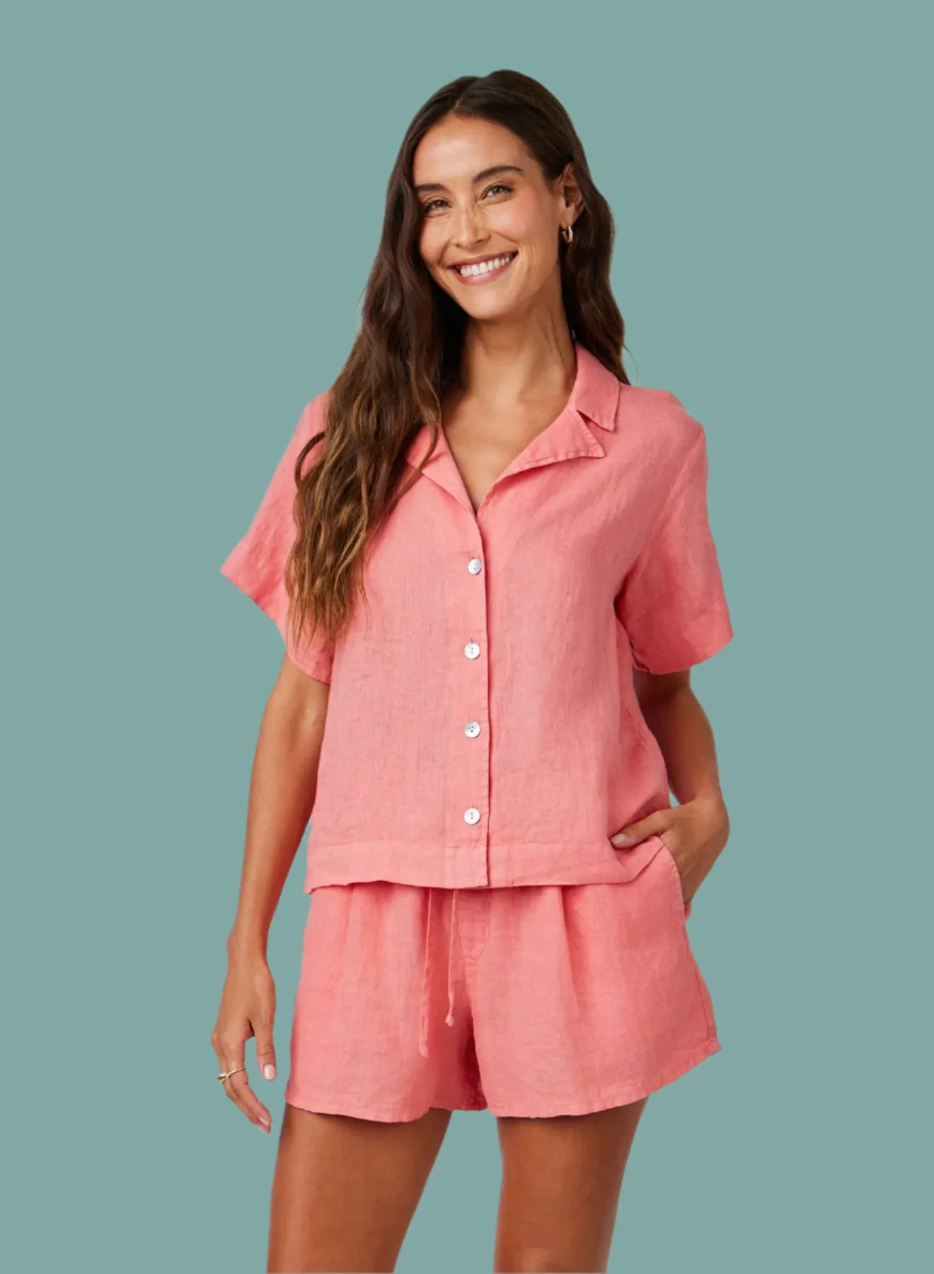 Linen Short Sleeve Flowy Button Down FlexibleNeckline Tear Resistant