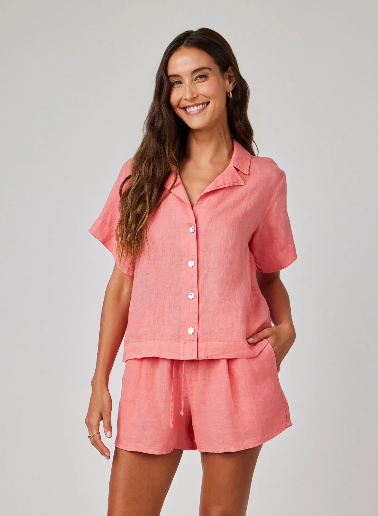 VNeckline Linen Short Sleeve Flowy Button Down