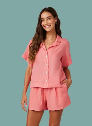 Linen Short Sleeve Flowy Button Down FlexibleNeckline Tear Resistant