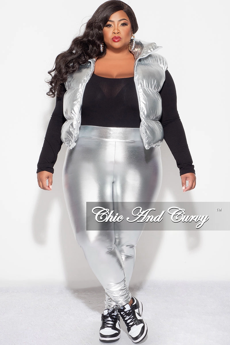 Layering Essential Quality Fabric Final Sale Plus Size Metallic Puffy Vest in Silver