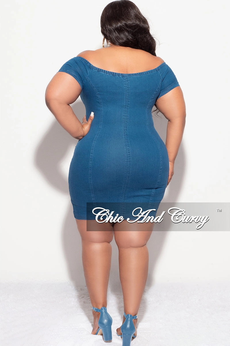 Final Sale Plus Size Off The Shoulder Denim Dress with Front Zipper Compact Storage