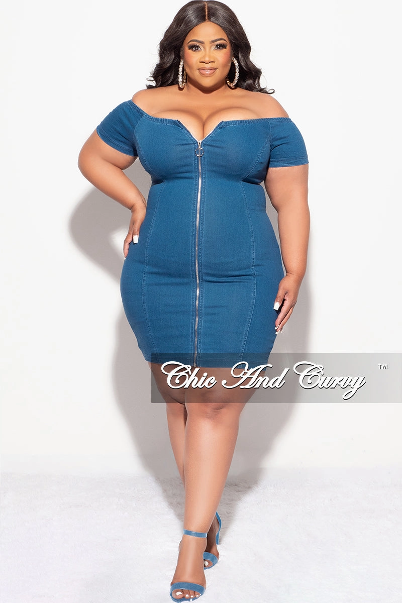 Final Sale Plus Size Off The Shoulder Denim Dress with Front Zipper Movement Support