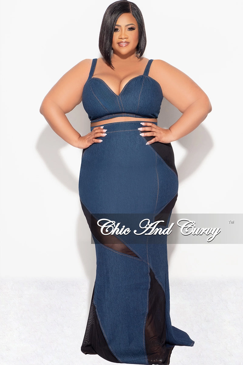Final Sale Plus Size 2pc Spaghetti Strap Crop Top and Sheer Maxi Skirt Set in Denim and Black FadeResistant