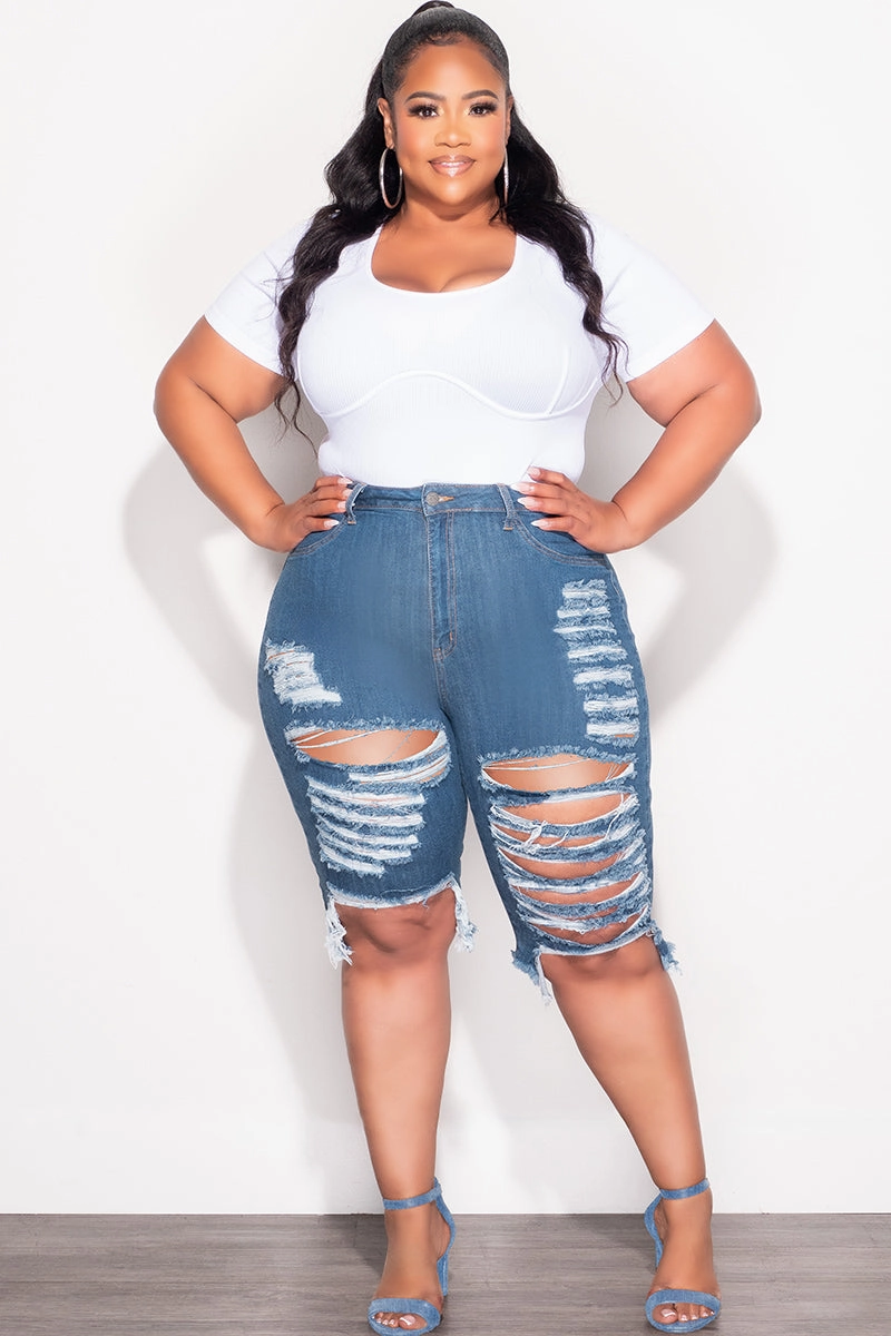 Lightweight Layer Breathable Waistband Final Sale Plus Size Distress Bermuda Shorts in Dark Denim