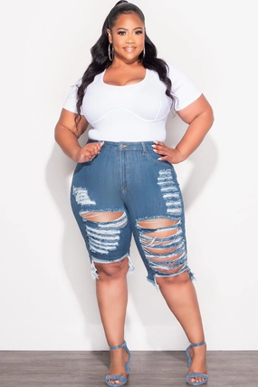Stain Repellent Coating Final Sale Plus Size Distress Bermuda Shorts in Dark Denim