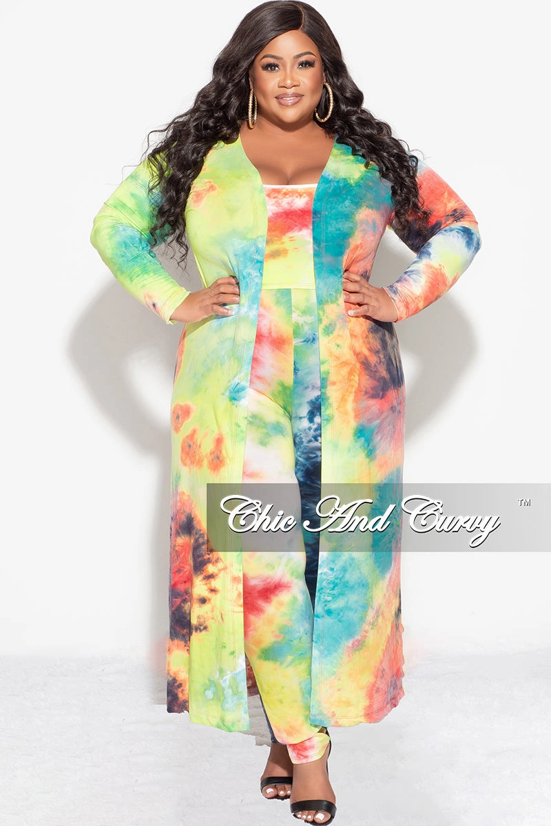 Final Sale Plus Size 3-pc (Duster, Crop Tank Top & Pants) Set in Dark Firework Tie Dye Cropped hem