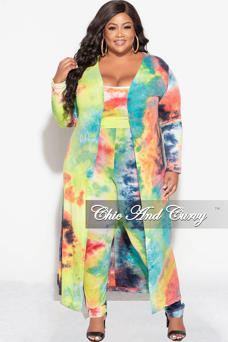 Final Sale Plus Size 3-pc (Duster, Crop Tank Top & Pants) Set in Dark Firework Tie Dye Quick drying material Casual Comfort Wear