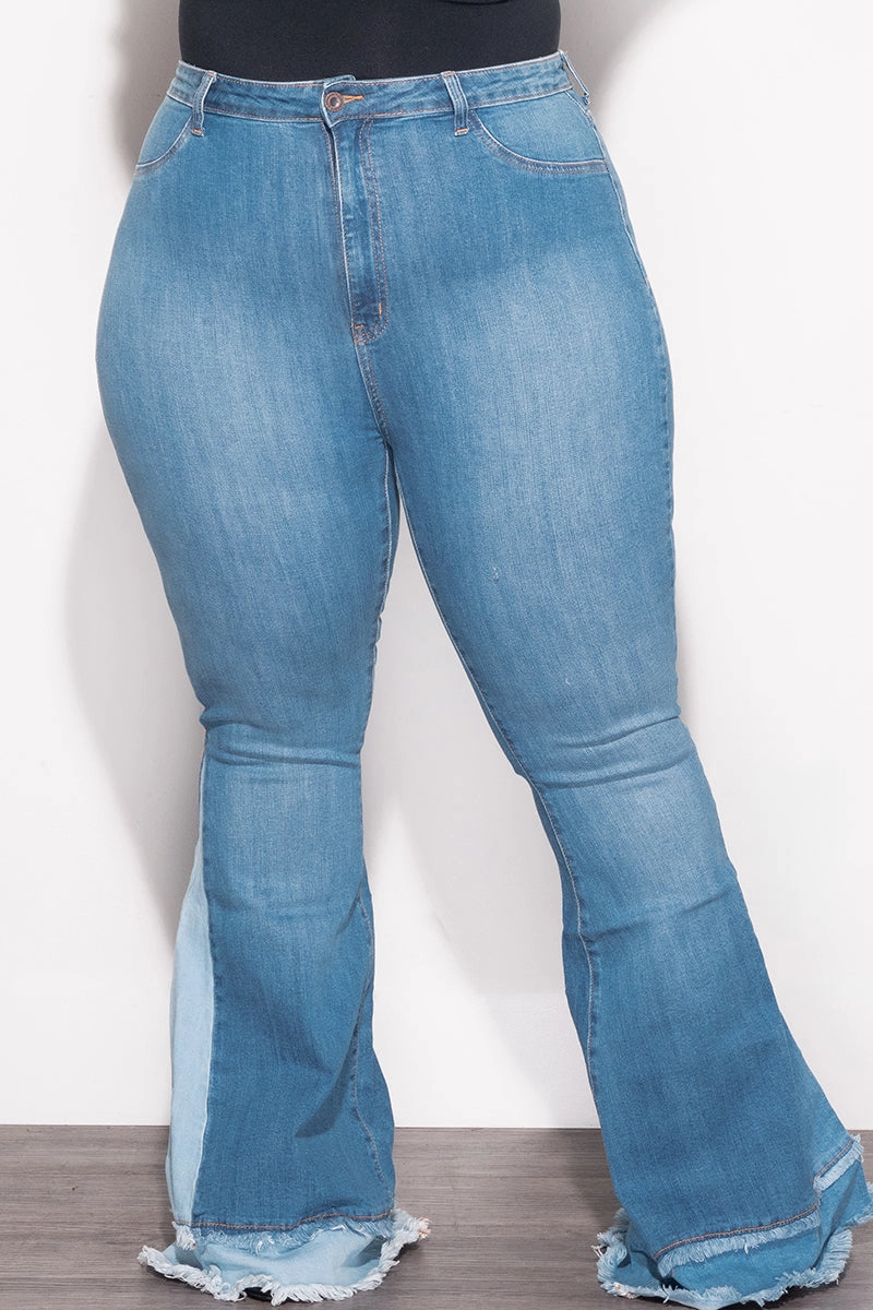 Final Sale Plus Size ColorBlock Flare Denim Jeans in Medium Stone Shape Flex