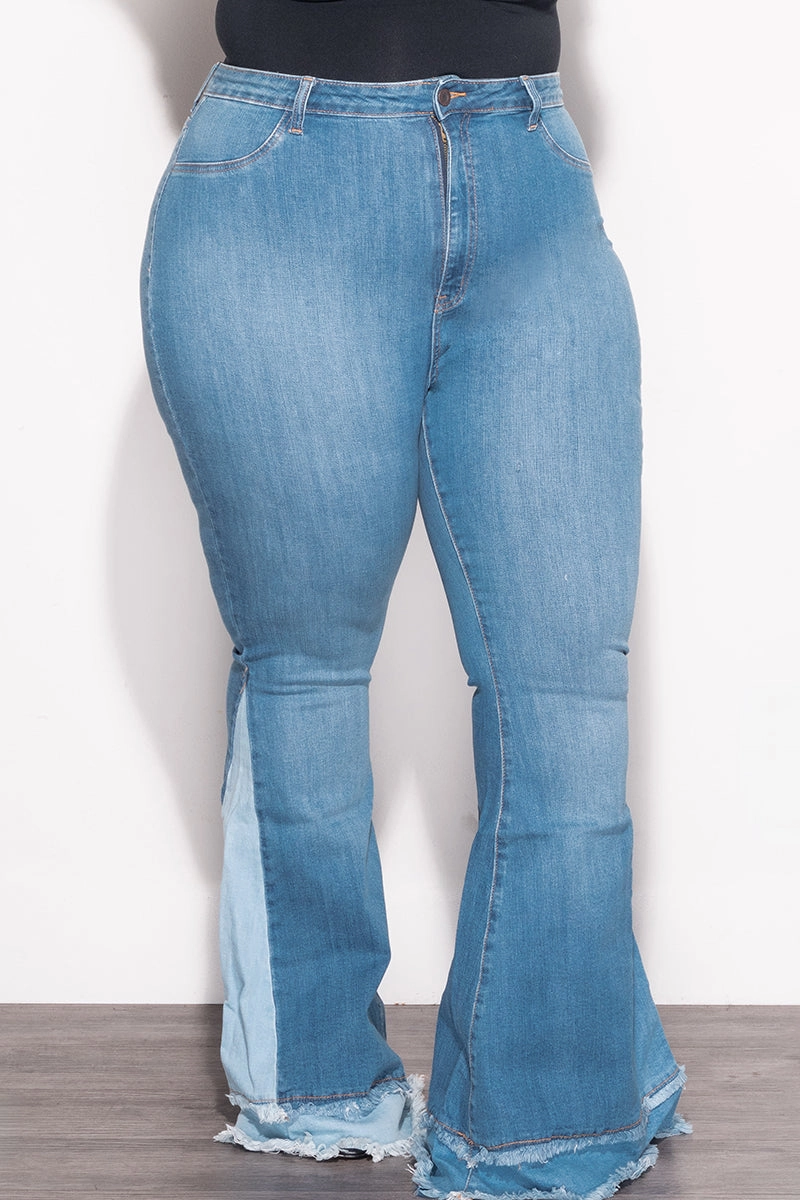 Final Sale Plus Size ColorBlock Flare Denim Jeans in Medium Stone No Wrinkle Soft and Cozy