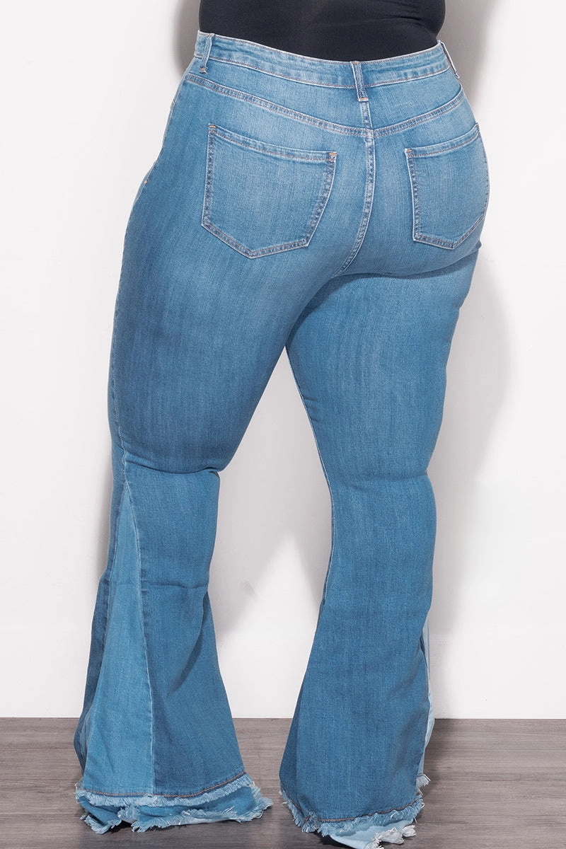 Final Sale Plus Size ColorBlock Flare Denim Jeans in Medium Stone Casual Active