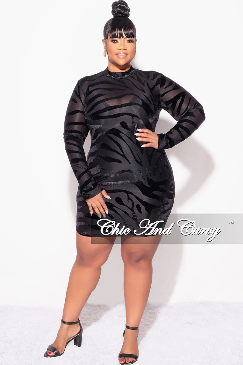 Comfortable Fit Look Final Sale Plus Size Reversible See-Thru Mesh & Velvet Bodycon Dress in Black Zebra Print
