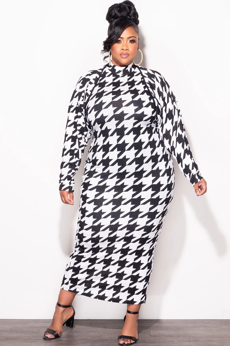 Final Sale Plus Size 2pc Sleeveless Midi Dress with Crop Cardigan Black and White Houndstooth Print Body Contour
