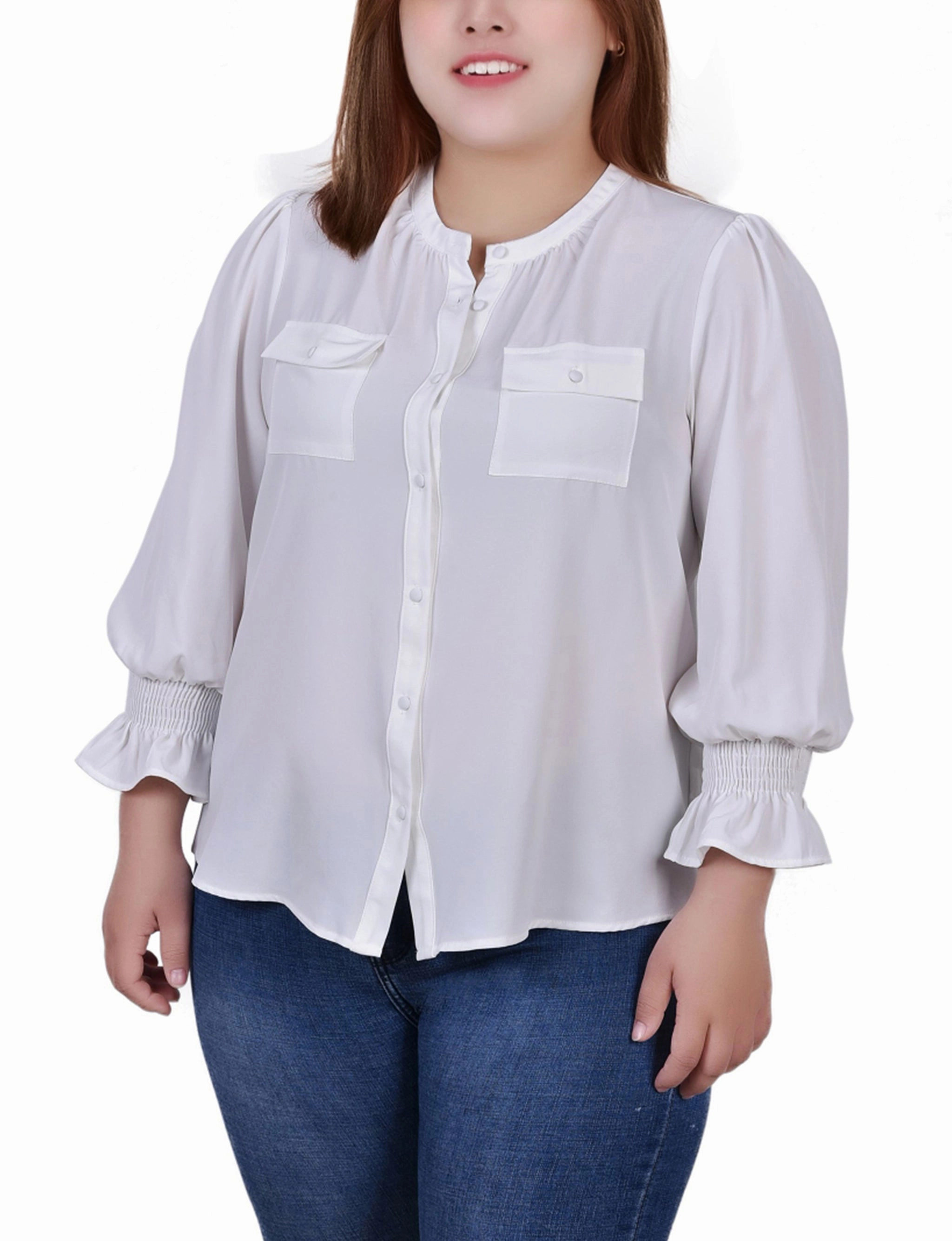 Plus Size Long Sleeve Y Neck Blouse Hidden Button Placket
