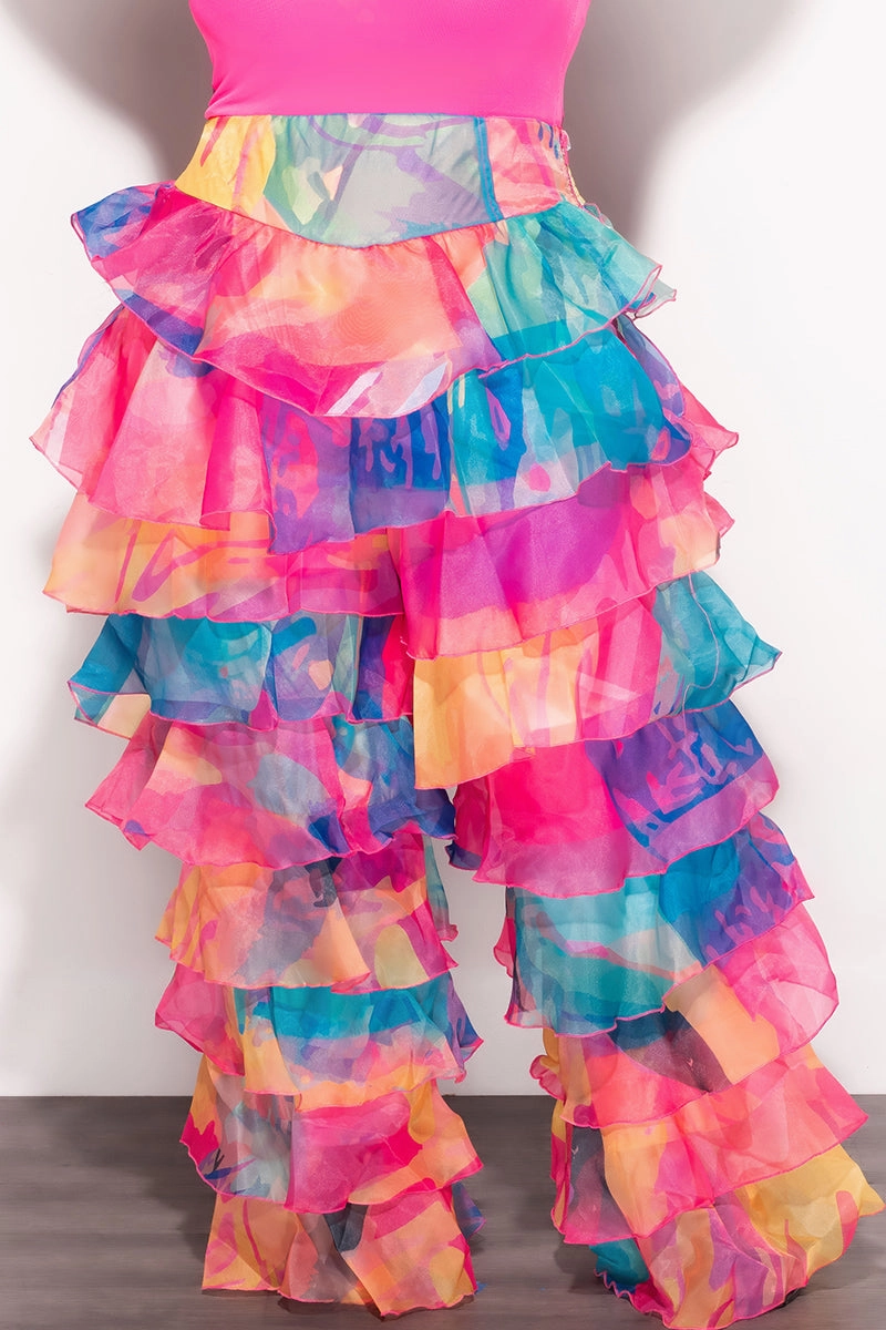 Breathable Comfort Fit Snug Waist Final Sale Plus Size High Waist Chiffon Ruffle Pants in Multi-Color Print