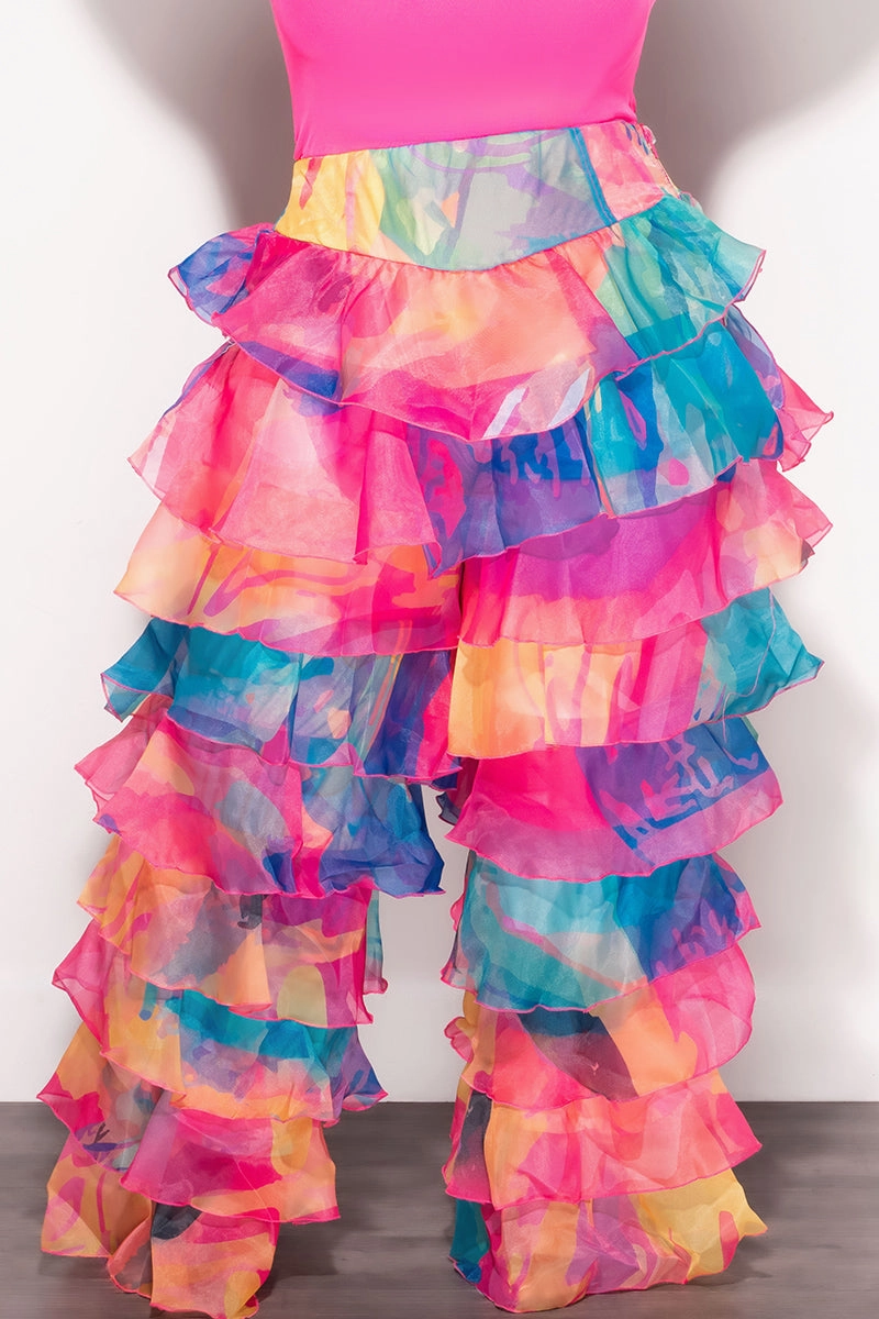 Final Sale Plus Size High Waist Chiffon Ruffle Pants in Multi-Color Print Fast Move Reinforced Knees
