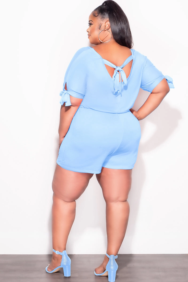 Final Sale Plus Size French Terry Romper with Self Tie Back in Soft Blue Daily Style