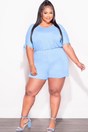 Tailored Fit GussetedCrotch Final Sale Plus Size French Terry Romper with Self Tie Back in Soft Blue