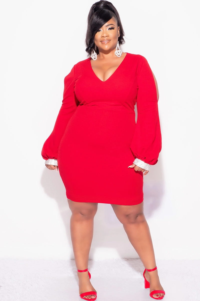 Final Sale Plus Size BodyCon Dress with Slit Sleeves and Rhinestone Cuff in Red Utility Style