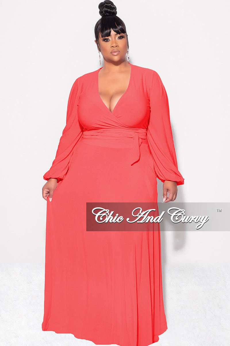 Anti Bacterial Treatment Final Sale Plus Size 2pc Long Sleeve Crop Tie Top and Skirt Set in Orange