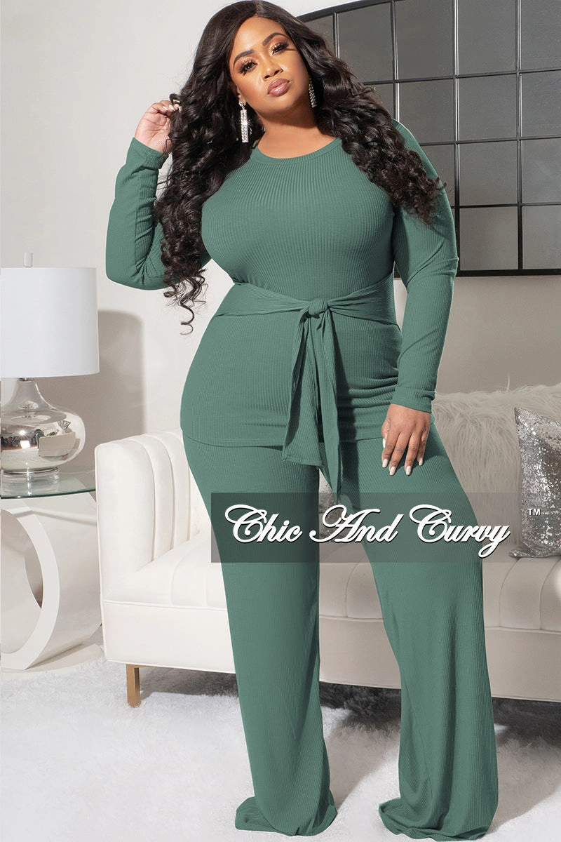 Final Sale Plus Size 2pc Ribbed Long Sleeve Top and Pants Set in Sage Abrasion Resistant Surface Air Circulation